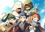  1girl 2boys 2others aged_down blue_eyes blue_hair closed_mouth coat eliwood_(fire_emblem) fire_emblem fire_emblem:_the_blazing_blade fire_emblem_heroes green_coat green_eyes green_hair grin hector_(fire_emblem) highres hood hooded_coat jewelry kiran_(fire_emblem) long_hair lyn_(fire_emblem) mark_(fire_emblem:_the_blazing_blade) multiple_boys multiple_others nakabayashi_zun no_eyes open_mouth pendant ponytail red_eyes short_hair smile teeth very_long_hair white_coat 