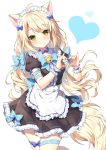  1girl ahoge animal_ears apron bangs bell black_dress blonde_hair blue_bow blue_choker blue_neckwear blush bow breasts cat_ears cat_girl cat_tail center_frills choker commentary_request contrapposto cowboy_shot dress dress_bow eyebrows_visible_through_hair fluffy frilled_apron frilled_dress frills hair_bow hair_ornament hands_up heart heart_hands highres jingle_bell long_hair looking_at_viewer maid mauve medium_breasts orange_eyes original puffy_short_sleeves puffy_sleeves short_sleeves skindentation smile solo tail thigh_strap very_long_hair waist_apron white_apron wrist_cuffs 