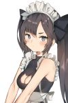  1girl :&lt; alternate_costume apron bangs bare_shoulders black_bow blue_eyes blush bow breasts brown_hair cat_cutout cleavage cleavage_cutout closed_mouth clothing_cutout enmaided eyebrows_visible_through_hair frilled_apron frills genshin_impact grayfox hair_bow highres long_hair looking_at_viewer maid maid_headdress medium_breasts mona_(genshin_impact) sleeveless solo twintails v-shaped_eyebrows very_long_hair waist_apron white_apron 