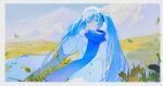  1girl beret blue_eyes blue_hair blue_scarf blue_sky border bow buttons capelet chinese_commentary clear_sky coat colored_eyelashes commentary_request day escapeeverytime falling_petals field floating_hair flower hair_between_eyes hair_bow hand_up hat hatsune_miku highres landscape light_smile long_sleeves looking_ahead mountain mountainous_horizon outdoors petals scarf scenery simple_bird sky solo twintails upper_body vocaloid white_border white_capelet white_coat white_headwear wind yellow_flower 