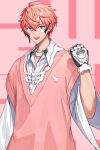  1boy absurdres akagi_wen bandaid bandaid_on_cheek bandaid_on_face black_hair blue_eyes clenched_hand collared_shirt fingerless_gloves gloves highres male_focus multicolored_hair mytea_(3e296) nijisanji open_mouth pink_hair pink_sweater_vest shirt smile solo streaked_hair sweater_vest virtual_youtuber white_gloves white_shirt wide_sleeves 