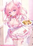  1girl animal_ears bow bow_legwear breasts cookie cowboy_shot dress eating food holding holding_cookie holding_food large_breasts oppai_loli original pink_bow pink_eyes pink_hair rabbit_ears rabbit_girl thighhighs two_side_up usashiro_mani white_thighhighs 