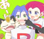  1boy 1girl atsumi_yoshioka blush fangs green_background green_eyes james_(pokemon) jessie_(pokemon) meowth open_mouth pokemon pokemon_(anime) pokemon_(classic_anime) pokemon_(creature) team_rocket tears teeth 