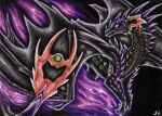 aceo ambiguous_gender black_background black_body black_wings dragon electricity feral gold_(metal) gold_jewelry horn jewelry lightning low_res nebula purple_spines selianth simple_background solo tail_gem tyruvan wings