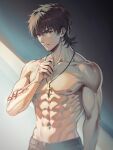  1boy abs black_hair black_pants body_markings closed_mouth cross cross_necklace fate/zero fate_(series) jd1_3 jewelry kotomine_kirei large_pectorals looking_at_viewer male_focus muscular muscular_male navel necklace nipples pants pectorals short_hair simple_background solo topless_male upper_body 
