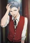  1boy arm_at_side bandaid bandaid_on_face black_pants black_ribbon collared_shirt cowboy_shot grey_eyes grey_hair hand_in_own_hair hand_on_own_head indoors isa_(peien516) long_sleeves looking_to_the_side male_focus neck_ribbon open_door open_mouth pants persona persona_3 rain red_sweater_vest ribbon sanada_akihiko shirt short_hair sideways_glance sleeves_rolled_up solo sweater_vest wet wet_hair white_shirt wing_collar 