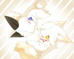 2016 abstract_background ambiguous_gender canid canine cheek_tuft deaic duo eyes_closed facial_tuft fox fur kemono lying mammal on_side open_mouth open_smile semi-anthro smile tan_body tan_fur tuft white_body white_fur yellow_eyes