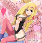  1girl :d arm_up armpits artist_name bare_shoulders black_leotard blonde_hair blunt_bangs breasts claws cleavage commentary_request commission duel_monster falling_feathers feathered_wings feathers garter_straps hair_between_eyes hair_ornament harpie_girl_(yu-gi-oh!) harpy heart heart_hair_ornament highres knee_up leg_warmers leotard long_hair looking_at_viewer medium_breasts monster_girl navel open_mouth pink_feathers pink_thighhighs pink_wings purple_eyes sitting skeb_commission skindentation smile solo tail thighhighs usuba_kagerou_(shougyouchu) winged_arms wings yu-gi-oh! 