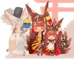  3girls akagi_(azur_lane) amagi-chan_(azur_lane) azur_lane blue_eyes brown_hair brown_tail chibi chibi_only kaga_(azur_lane) kitsune kyuubi long_sleeves mask mask_on_head multiple_girls multiple_tails one_eye_closed putimaxi red_eyes tail torii translation_request white_hair white_tail wide_sleeves 