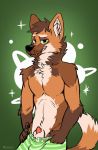  aidan_(sah) animal_genitalia anthro boxer_briefs boxers_(clothing) brown_body brown_fur canid canine clothed clothing fangs fur genitals green_clothing green_eyes green_underwear hi_res holding_object holding_underwear inner_ear_fluff looking_at_viewer male mammal maned_wolf neck_tuft orange_body orange_fur pattern_clothing pattern_underwear penis penis_tip poking_out raised_tail sheath simple_background smile solo striped_clothing striped_underwear stripes tan_body tan_fur teasing topless tuft underwear yookie 