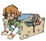  1girl :d brown_eyes brown_hair glasses green_shirt jaggy_lines long_sleeves lying multicolored_shirt on_stomach open_mouth orange_shirt pantsu-ripper pidge_gunderson shirt shorts simple_background smile solo voltron:_legendary_defender voltron_(series) white_background white_shirt 