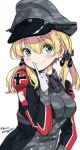  1girl anchor_hair_ornament aqua_eyes blonde_hair camouflage gloves hair_ornament hat highres iron_cross kantai_collection laco_soregashi long_hair low_twintails military military_hat military_uniform peaked_cap prinz_eugen_(kantai_collection) remodel_(kantai_collection) simple_background solo twintails uniform upper_body white_background white_gloves 
