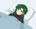  1girl asymmetrical_bangs bangs black_sweater blanket blush breasts fire_emblem fire_emblem:_the_blazing_blade green_eyes green_hair highres large_breasts long_hair lying lyn_(fire_emblem) on_back ormille pillow ponytail ribbed_sweater sweater tearing_up turtleneck turtleneck_sweater 