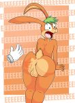  2020 anthro anus backsack balls bruised butt disembodied_hand english_text genitals green_eyes green_hair hair hi_res humor lagomorph leporid male mammal mango_(mangofruto) open_mouth rabbit scared screaming simple_background solo spank_marks spanking surprise text tinydevilhorns 