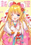  1girl :d animal_ears bangs blonde_hair blue_eyes bow fake_animal_ears fang floral_print flower fujishiro_kokoa fur_trim hair_bow hair_flower hair_ornament highres holding japanese_clothes kimono long_hair looking_at_viewer mouse_ears obi one_eye_closed open_mouth original pink_kimono red_bow sash skin_fang smile solo ticket tongue wide_sleeves yellow_background yukata 