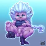 4_fingers anthro ball_tuft balls big_hair clothing fennephilim_fox fingers flaccid footwear foreskin genitals green_eyes hair hi_res kennen_(lol) league_of_legends looking_at_viewer male nipples penis riot_games shirt sitting socks solo topwear tuft white_hair yordle