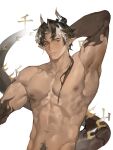  1boy abs arknights arm_behind_head chinese_text chong_yue_(arknights) commentary dragon_boy dragon_horns dragon_tail earrings hand_out_of_frame highres horns jewelry looking_at_viewer male_focus miyuame_(myame0719) multicolored_hair muscular muscular_male pectorals pointy_ears ponytail pubic_hair red_eyes symbol-only_commentary tail translation_request white_background 