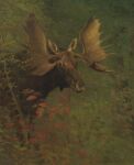 19th_century 2_horns absurd_res albert_bierstadt ancient_art antlers black_eyes brown_antlers brown_body brown_ears brown_fur deer feral forest fur hi_res horn leaf male mammal moose new_world_deer outside plant quadruped signature snout solo standing tree