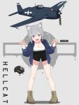 1girl aircraft airplane animal_ear_fluff animal_ears atamonica black_shorts blue_eyes blue_jacket blunt_bangs boots breasts brown_footwear canopy_(aircraft) cat_ears cat_girl cat_tail claw_pose cleavage english_commentary english_text f6f_hellcat_(personification) full_body grey_background grey_hair high-waist_shorts highres jacket legs medium_breasts military_vehicle original personification propeller shirt short_hair shorts solo tail turkey_(bird) united_states_navy vehicle_and_personification vehicle_name white_shirt 