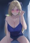  1girl aki_rosenthal alternate_costume blonde_hair blue_one-piece_swimsuit blush bob_cut breasts cleavage closed_mouth commentary detached_hair hand_on_own_ear haro_art headgear highres hololive large_breasts looking_at_viewer low_twintails one-piece_swimsuit parted_bangs purple_eyes short_hair smile swimsuit symbol-only_commentary twintails virtual_youtuber 
