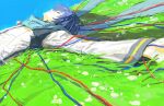  1boy blue_eyes blue_hair blue_scarf blue_sky cable coat commentary english_commentary expressionless field flower flower_field from_side highres kaito_(vocaloid) long_sleeves looking_up lying male_focus mnkurooo on_back on_grass outstretched_arms parted_lips profile scarf short_hair sky solo spread_arms upper_body vocaloid white_coat white_flower 