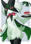  1girl black_thighhighs body_fur breasts cup furry furry_female green_fur green_hair grey_background holding holding_tray looking_at_viewer maid_headdress meowscarada nata_de_coco_(pankptomato) navel open_mouth pokemon pokemon_(creature) red_eyes smile solo thighhighs tray 
