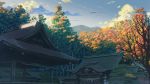  architecture autumn_leaves cloud east_asian_architecture evening highres kamo_nasus. mountain mountainous_horizon no_humans original scenery shrine sky tree 