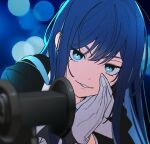  1girl ado_(utaite) asmr binaural_microphone black_coat blue_eyes blue_hair blurry chando_(ado) cloud_nine_inc coat colored_inner_hair commentary depth_of_field gloves hashtag_only_commentary highres long_hair long_sleeves looking_at_viewer microphone multicolored_hair parted_lips riseno sidelocks solo two-tone_hair upper_body utaite white_gloves 
