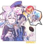  3girls ahoge angry antenna_hair armband black_jacket black_neckerchief blue_archive blue_armband blue_hair blue_headwear blue_necktie blue_vest border bow braid closed_eyes closed_mouth coffee_cup cup demon disposable_cup doughnut eating fire food fubuki_(blue_archive) grey_hair grey_shirt grey_skirt hair_between_eyes hair_bow hair_ornament halo hand_up hands_up highres holding holding_cup holding_food jacket kirino_(blue_archive) light_blue_hair multicolored_hair multiple_girls neckerchief necktie notice_lines outside_border pararilla parted_bangs pink_hair pink_halo pleated_skirt red_eyes reisa_(blue_archive) sailor_collar sharp_teeth shirt skirt solid_eyes star_(symbol) star_hair_ornament star_halo streaked_hair sweat sweatdrop swept_bangs teeth twin_braids twintails upper_body vest white_border white_bow white_hair white_jacket white_shirt 
