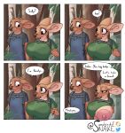 absurd_res anthro antlers areola backpack big_areola big_breasts big_ears big_nipples blue_clothing blue_shirt blue_topwear bodily_fluids breasts clothed clothing comic comic_panel deer duo erect_nipples female flustered flustered_male forest forest_background fur green_clothing green_shirt green_topwear hi_res horn huge_breasts hyper hyper_breasts lactating lighter_belly male male/female mammal nature nature_background nipples onomatopoeia pink_areola plant sally_(somekindofsnake) scott_(somekindofsnake) shirt signature somekindofsnake sound_effects speech_bubble tan_body tan_fur teasing text topwear tree undressing