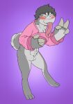 andromorph anthro blush bottomless clothed clothing clothing_lift exhibitionism genitals gesture hi_res hoodie hoodie_only intersex mikey6193 mikey_(mikey6193) pussy solo tongue tongue_out topwear topwear_only v_sign