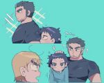  3boys ? aqua_background awestruck beard_stubble black_hair confused constricted_pupils dokusuji_(kw9onou58) expressionless facial_hair huge_eyebrows lifting_person looking_at_another love_triangle lucas_lee male_focus multiple_boys multiple_views pectorals profile scott_pilgrim_(series) scott_pilgrim_takes_off shirt short_hair short_sleeves smile sparkle sparkling_aura staring stubble t-shirt todd_ingram toned toned_male unkempt wallace_wells yaoi 