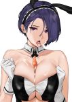  1girl animal_ears bare_shoulders between_breasts breasts bunny_ears carrot cleavage clothing_cutout collarbone detached_collar fake_tail fire_emblem fire_emblem:_three_houses food gloves hairband highres j@ck large_breasts looking_at_viewer open_mouth purple_eyes purple_hair sexually_suggestive shamir_nevrand short_hair simple_background strapless suggestive_fluid tail tongue tongue_out two-tone_hairband underboob underboob_cutout upper_body white_background white_gloves 