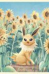  :d absurdres animal_focus commentary_request day flower highres jolteon joltik looking_up no_humans open_mouth outdoors pokemon pokemon_(creature) ramune_(sea_glassblue) sitting sky smile sunflower 