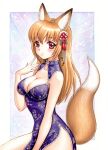  1girl animal_ears blush breasts brown_eyes brown_hair china_dress chinese_clothes cleavage cof2toto dress fox_ears fox_girl fox_tail hair_ornament looking_at_viewer medium_hair original solo tail traditional_media 