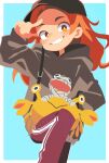  1girl aqua_background grin hat highres hood hood_down hoodie long_hair long_sleeves looking_at_viewer orange_eyes orange_hair original outline pants red_hair red_pants smile solo stuffed_crab stuffed_toy takarai_shunsuke teeth white_outline 