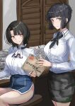  2girls ascot black_hair black_skirt blush braid braided_bun breasts brown_eyes chair collared_shirt desk file hair_bun hair_ornament hairclip highres indoors kantai_collection ken_(shutenndouji1) large_breasts long_hair long_sleeves multiple_girls myoukou_(kancolle) myoukou_kai_ni_(kancolle) neckerchief office office_chair pencil_skirt red_eyes shirt short_hair single_hair_bun sitting skirt smile solo swivel_chair takao_(kancolle) white_shirt window 