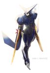  1boy android armor blade blue_armor brigadoon closed_mouth collarbone dated full_body gun male_focus melan_blue navel pauldrons red_eyes shin_(sinsin12121) shoulder_armor signature simple_background solo weapon white_background wings 