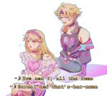  1boy 1girl :d :o bare_shoulders belt blonde_hair english_text ezreal fang hairband heart highres jacket league_of_legends long_hair looking_at_another lux_(league_of_legends) miniskirt off_shoulder pants pink_eyes pink_hairband pink_skirt short_hair single_bare_shoulder sitting skirt smile teeth ye_(brie_kmko0) 