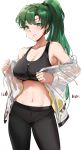  1girl absurdres bangs bare_shoulders black_pants black_sports_bra blush breasts cleavage collarbone contemporary earrings fire_emblem fire_emblem:_the_blazing_blade green_eyes green_hair high_ponytail highres jacket jewelry large_breasts long_hair long_sleeves looking_at_viewer lyn_(fire_emblem) navel off_shoulder open_clothes open_jacket ormille pants ponytail simple_background smile sports_bra stomach thighs white_background white_jacket 
