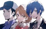  1girl 2boys a_d_chi baseball_cap black_jacket blue_eyes blue_hair blue_shirt bow bowtie brown_eyes brown_hair choker closed_mouth collared_shirt ear_piercing facial_hair gekkoukan_high_school_uniform grin hair_between_eyes hat iori_junpei jacket looking_at_viewer multiple_boys open_clothes open_jacket persona persona_3 piercing school_uniform shirt short_hair simple_background smile stubble takeba_yukari upper_body white_background white_choker white_shirt yuuki_makoto_(persona_3) 