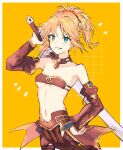  1girl armpits bare_shoulders blonde_hair blue_eyes breasts cowboy_shot fate_(series) highres medium_breasts midriff mordred_(fate) mordred_(fate/apocrypha) ponytail rizu033 simple_background smile solo sword weapon yellow_background 