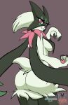 anthro aternight black_body black_claws black_fur breasts brown_background butt claws eyelashes female fur generation_9_pokemon green_body green_fur hi_res looking_at_viewer looking_back mask medium_breasts meowscarada nintendo paws pink_eyes pink_nose pokemon pokemon_(species) pupils short_tail simple_background slit_pupils smile solo standing tail thick_thighs