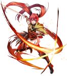  1girl armor attack boots english_commentary fire_emblem fire_emblem_fates fire_emblem_heroes gambeson gloves hair_ribbon highres holding holding_sword holding_weapon leg_up leggings long_hair non-web_source official_art open_mouth parted_lips red_eyes red_hair red_leggings ribbon selena_(fire_emblem_fates) selena_(resplendent)_(fire_emblem_fates) slashing smile solo sword twintails v-shaped_eyebrows very_long_hair weapon 