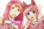  1boy 1girl :o animal_ears artist_name basket blue_eyes blush brown_eyes candy fangs food food_themed_hair_ornament hair_ornament halloween hand_up jack-o&#039;-lantern kinomi_yuzu lollipop original pink_hair pumpkin_hair_ornament short_twintails simple_background twintails upper_body white_background 