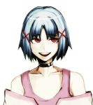  1girl bangs bare_shoulders black_choker blue_hair check_copyright choker collarbone commentary copyright_request danganronpa face hair_ornament hairclip highres kyandii open_mouth parody pink_tank_top red_eyes short_hair simple_background smile solo style_parody tank_top upper_body upper_teeth white_background x_hair_ornament 