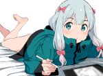  1girl bare_legs barefoot blue_eyes blue_hair blush bow collared_jacket drawing_tablet eromanga_sensei feet_up green_jacket grey_hair hair_bow hair_over_shoulder high_collar highres holding holding_stylus izumi_sagiri jacket legs_up long_hair looking_at_viewer low-tied_long_hair lying on_bed on_stomach pink_bow sadamoto_hokuto sidelocks sketch solo stylus the_pose toes 