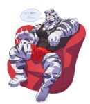 anthro arknights black_clothing black_shirt black_tank_top black_topwear bulge chain_necklace clothing dialogue dubudubudubudub felid fur furniture hi_res hypergryph jewelry male mammal mountain_(arknights) muscular muscular_male muscular_thighs necklace pantherine pecs red_clothing red_underwear scar shirt sitting sofa solo speech_bubble striped_body stripes studio_montagne tail talking_to_viewer tank_top tiger topwear underwear white_body white_fur