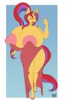 2024 absurd_res anthro areola big_breasts big_nipples biped breasts clothing dress equid equine eyes_closed female front_view full-length_portrait gesture hasbro hi_res horn huge_breasts hyper hyper_breasts mammal my_little_pony mythological_creature mythological_equine mythology nipple_outline nipple_slip nipples open_mouth open_smile portrait smile solo unicorn vant_talon waving year