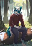 anthro avian barefoot bird black_nose blue_eyes canid canine canis feet forest forest_background fur hair hi_res kaionart male mammal multicolored_body multicolored_fur nature nature_background plant solo tree white_hair wolf